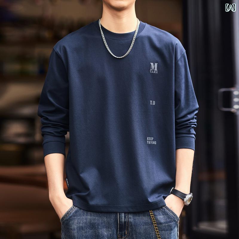 メンズ 長袖 Tシャツ トップス 秋冬 厚手 綿 素材 再生繊維 混 抗菌加工 丸首 ゆったり ルーズ フィット 落肩袖 立体裁剪 プリント 柄 ストライプ 柄 宝藍 色 カーキ 色 ブラック 色 クリエイティブ デザイン 趣味 柄 軽熟 スタイル カジ