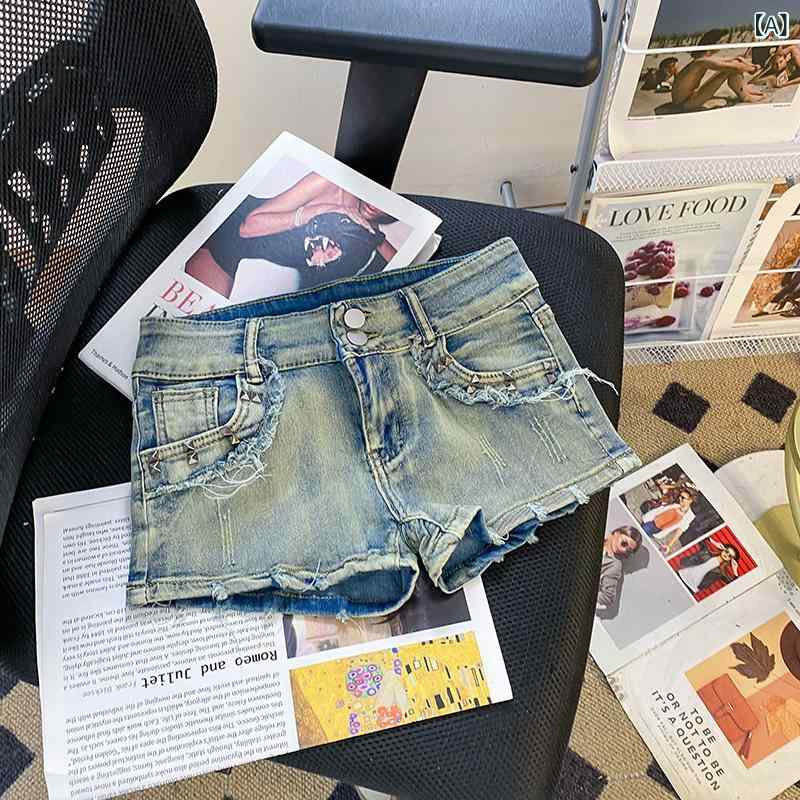 レディース デニム ショートパンツ 低腰 セクシー ホットパンツ タイト 直筒 切り替え ヒップ ライン 強調 伸縮性 コットン 素材 ミディアム 洗い 加工 ヴィンテージ ブルー 夏 通勤 スタイル 軽量 フィット 感 女性用