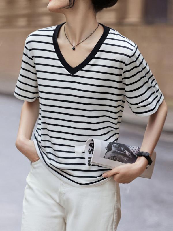 Tシャツ レディース 短袖 Vネック ラウンドネック 綿 スパンデックス 混紡 素材 切り替え ストライプ 柄 気質 通勤 スタイル 百搭 普段使い ブラック ホワイト ピンク レッド ブルー グリーン グレー カラーバリエーション 軽量 伸縮性 吸湿速