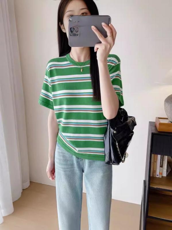 Tシャツ 女性用 短袖 トップス 綿素材 再生繊維 レーヨン 緑 ストライプ柄 条紋 カジュアル 日常使い 夏 春夏 軽量 吸湿速乾 柔らかい肌触り 日韓スタイル