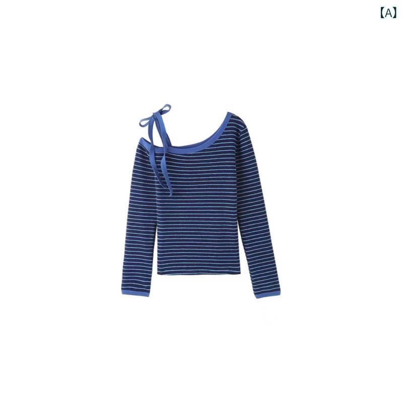 Tシャツ 女性用 春夏 長袖 ブルー ストライプ 斜肩 修身 インナー トップス 綿素材 格子柄 セットアップ コットン 接触冷感 軽量 伸縮性 日韓カジュアル 普段使い 切り替え デザイン Vネック風 吸湿速乾 ビッグシルエット
