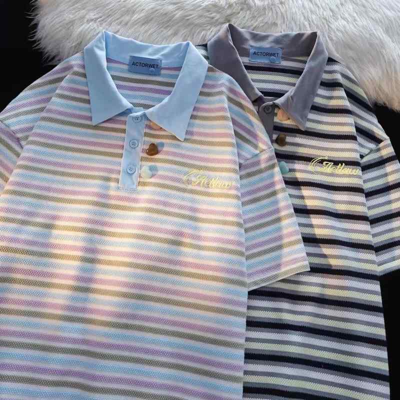 Tシャツ レディース 短袖 ポロカラ 桃心ボタン 綿100 珠地 虹色ストライプ 夏 ゆったり トップス ブルー ブラック 都市 通勤 気質 吸湿速乾 軽量