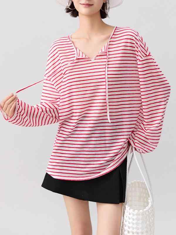 Tシャツ 女性用 長袖 条紋 切り替え ゆったり トップス 丸首 ポリエステル 夏 春夏 日常使い 軽量 吸湿速乾 爽やか カラーバリエーション 韓国風 カジュアル