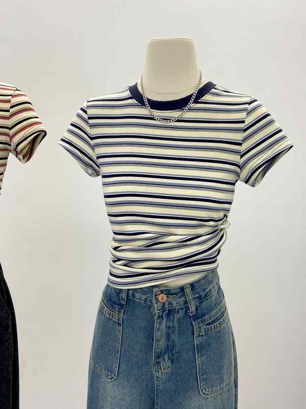Tシャツ 女性用 短袖 ストライプ柄 切り替え 接触冷感 綿混 修身 ラウンドネック プリンセススリーブ 春夏 ブルー 赤 ブラウン 私服 ヤングスタイル インナー トップス 軽量 伸縮性 吸湿速乾 普段使い 通勤 カジュアル