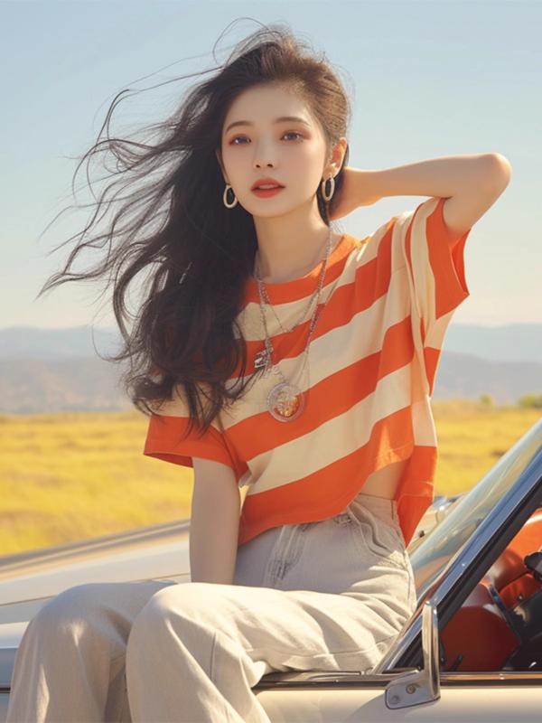 Tシャツ 女性用 かわいい セクシー トップス 短袖 綿 伸縮性 ストライプ柄 ラウンドネック 落肩袖 切り替えデザイン ルーズフィット ハイウエスト対応 夏用 軽量 通勤 普段使い