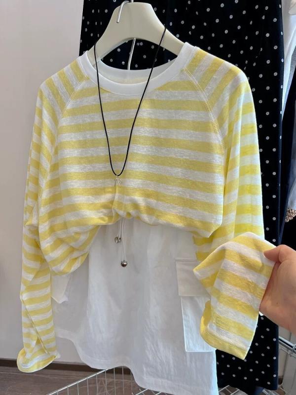 Tシャツ 女性用 長袖 竹節綿 軽薄 透気 ゆったり ルーズフィット 防晒 条紋 切り替え 丸首 韓国風 日常 外出 旅行 リゾート 春夏 黄色 ストライプ ブルー ストライプ ブラック ストライプ 吸湿速乾 通勤 外出 軽量 伸縮性 接触冷感 再生繊維