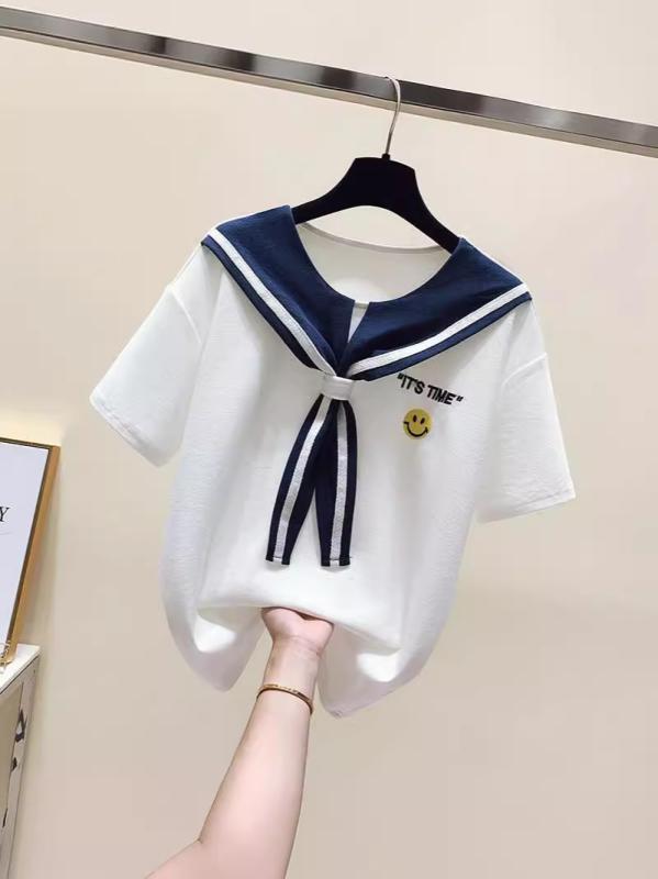 Tシャツ 女性用 春夏 短袖 綿素材 接触冷感 軽量 吸湿速乾 条紋柄 格子柄 切り替えデザイン ネイビー領 刺繍 ロゴ ワイドシルエット セットアップ かわいい 爽やか 学院風 通学 普段使い 気質 優雅