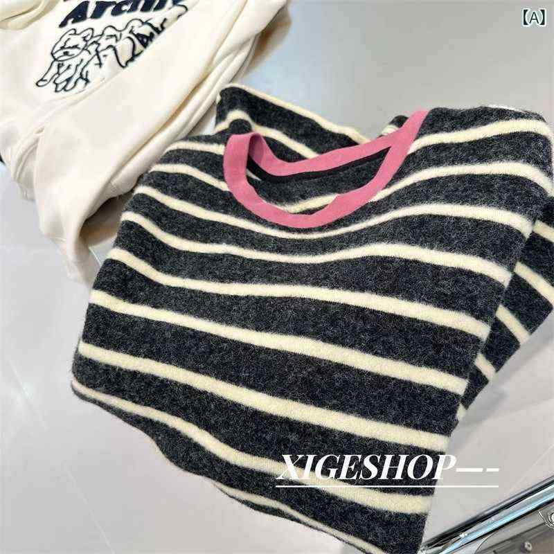 長袖 Tシャツ レディース 秋冬 厚手 柔らか 綿 ポリエステル ピンク ストライプ 柄 丸首 ゆったり シルエット 気質 通勤 インナー トップス ソフト 暖か 伸縮性 快適 普段使い レイヤード