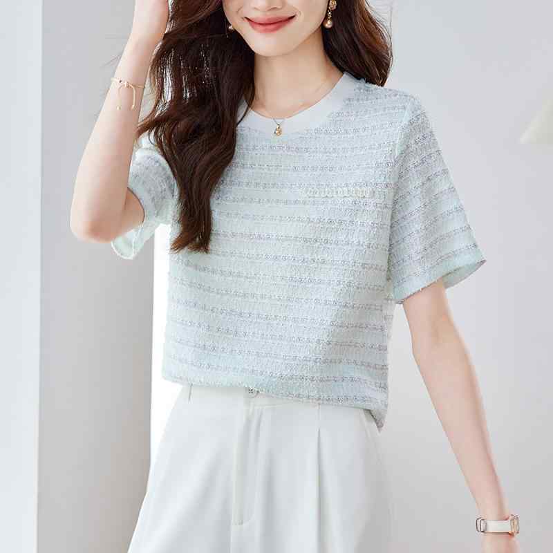 Tシャツ レディース 夏 短袖 丸首 トップス ピンク ブルー ワイドシルエット ストライプ柄 切り替え ピンストライプ 吸湿速乾 ポリエステル 接触冷感 軽量 伸縮性 普段使い カジュアル 気質 フレンチスタイル ソフト素材 通勤 通学 部屋着 デイリ