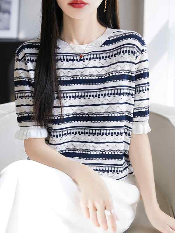 Tシャツ 女性用 短袖 ラウンドネック 条紋柄 波状紋様 提花 レースアップ ヘム 天絲 再生繊維 絹 混紡 接触冷感 切り替え 気質 通勤 都市風 快適 軽量 伸縮性 吸湿速乾 夏 春夏 カジュアル 普段使い