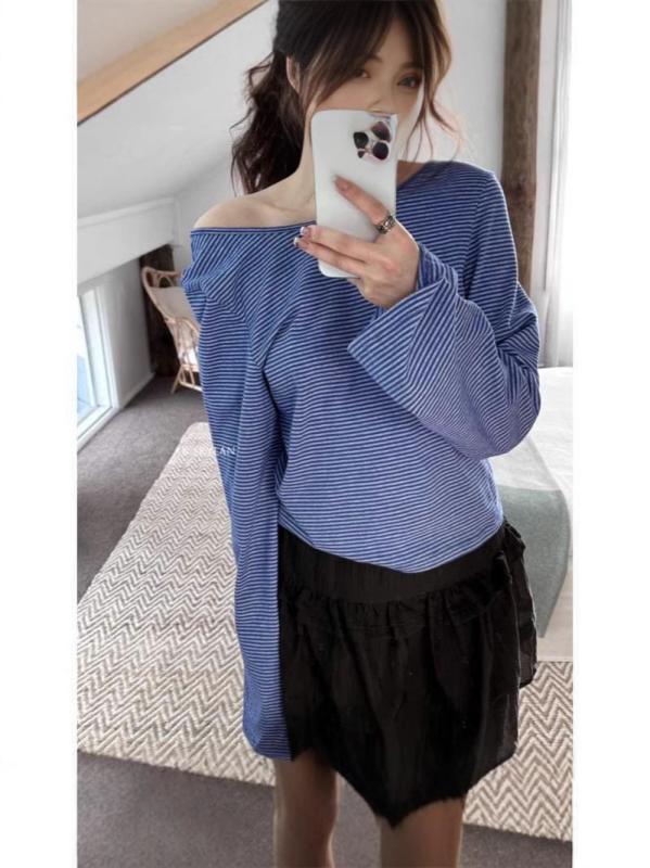 Tシャツ 女性 通勤用 秋冬 長袖 一本肩 ストライプ バックレス 綿 ポリエステル 混紡 接触冷感 ゆったりシルエット かわいい シンプル コットン素材 吸湿速乾 軽量 白色 ブルー 気質 快適 リラックス トップス 普段使い ブラウス風
