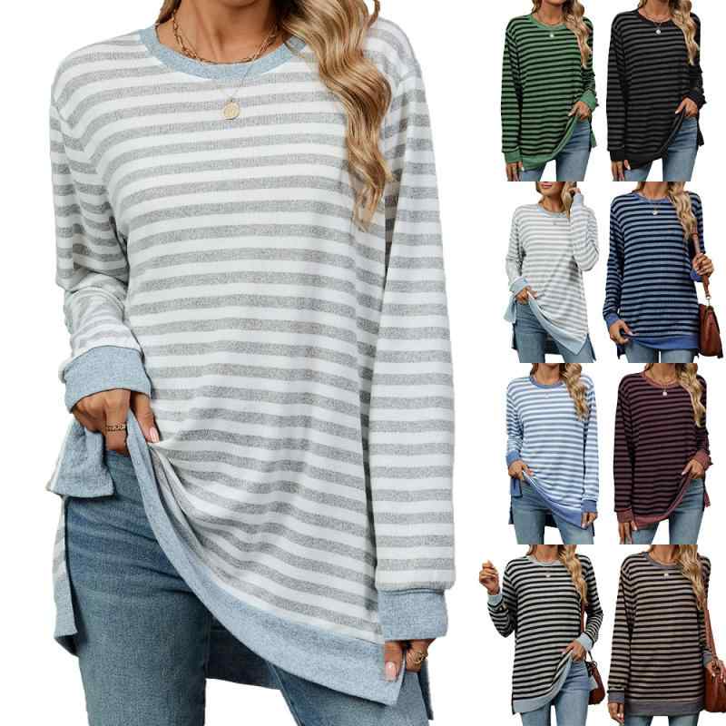 Tシャツ トップス レディース 秋冬 長袖 丸首 ストライプ 柄 切り替え カラーブロック ゆったり ルーズ フィット 綿ポリエステル 混紡 ニット 加工 都市 通勤 スタイル 快適 ゆったり シルエット ミドル レングス 気質 デザイン ブラック 系