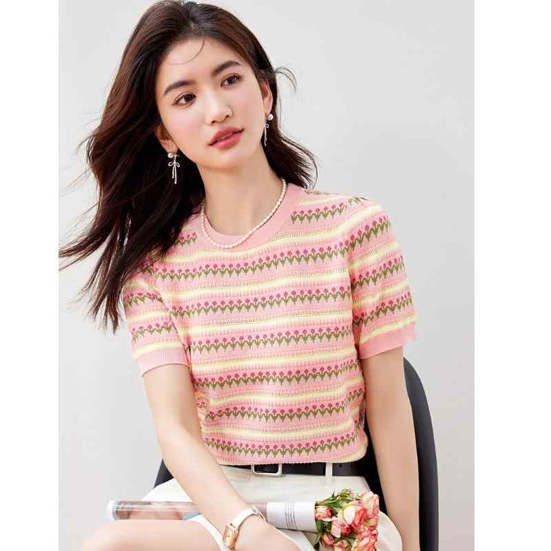 Tシャツ 女性用 春夏 かわいい 短袖 接触冷感 綿混 スパンデックス ピンク 条紋 トップス 薄手 修身 丸首 セットインスリーブ シルク加工 プリント 爽やか 甘め プリンセススタイル 快適 カジュアル 普段使い 軽量 吸湿速乾 ビッグシルエット