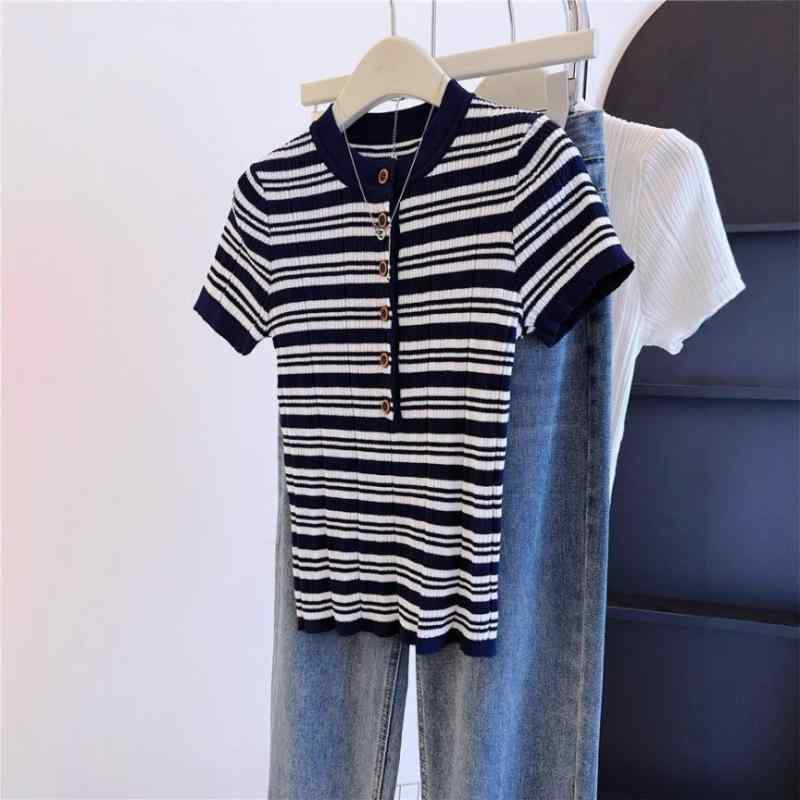 Tシャツ 女性用 短袖 ポロシャツ ポリエステル 接触冷感 薄手 軽量 条紋柄 切り替えデザイン ゆったりシルエット 通勤風 気質 普段使い 春夏 ブルー ホワイト トップス ヘンリーネック ボタン付き 吸湿速乾