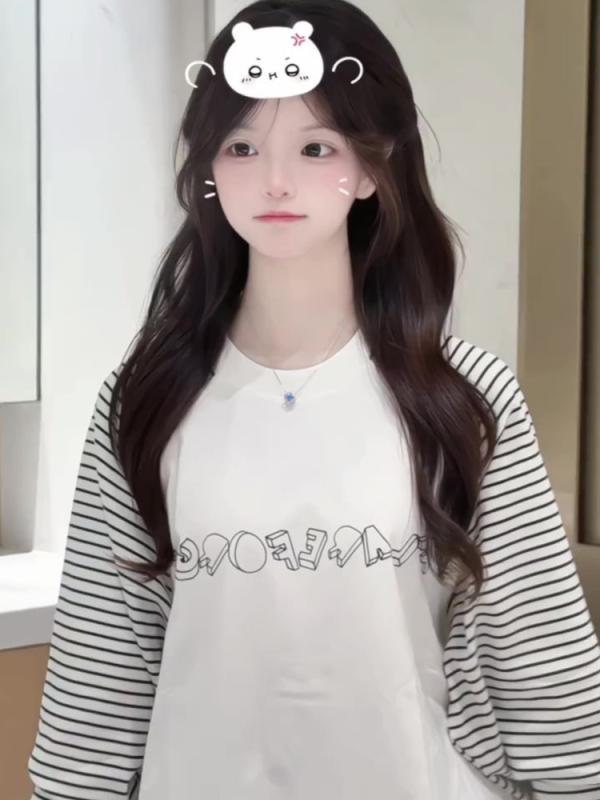 Tシャツ 女性用 春夏 長袖 丸首 ストライプ 切り替え 綿素材 ゆったりシルエット 中長丈 トップス 日常使い 軽量 吸湿速乾 ホワイト シンプル ファッション