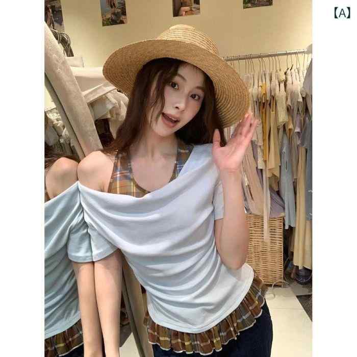 Tシャツ 女性用 短袖 トップス 偽ツーピース 切り替え Vネック 格子柄 条紋 コットン 95% 以上 軽量 吸湿速乾 荷叶? 袖 春夏 ライトブルー イエロー ベージュ カジュアル 日常使い 日韓スタイル