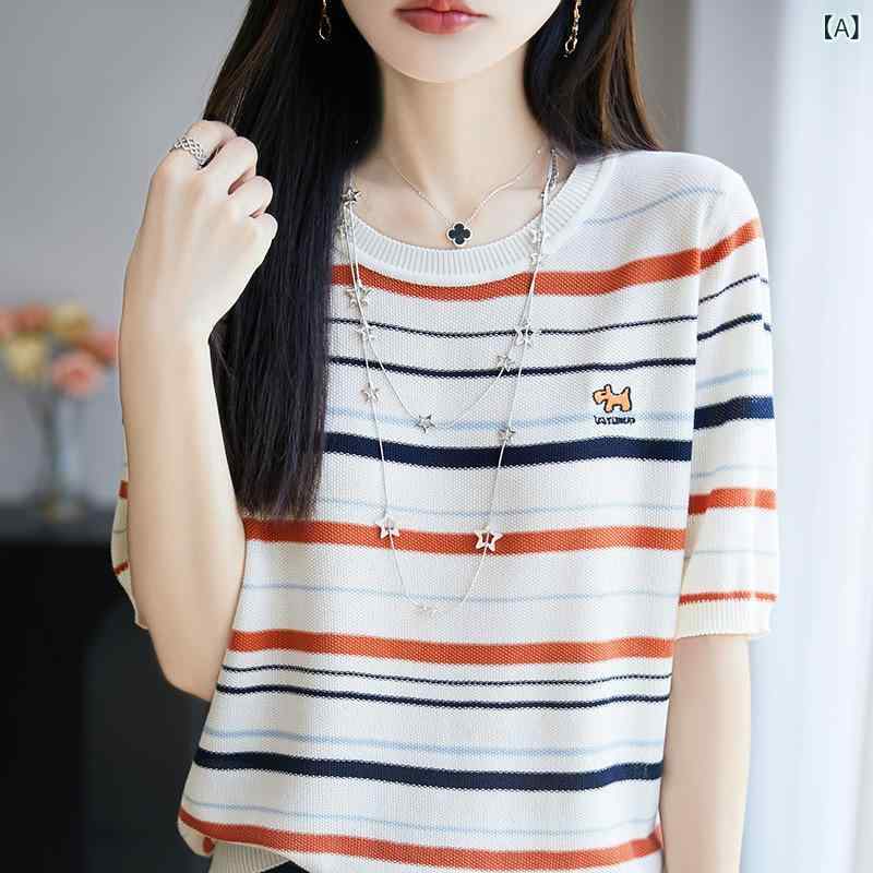 Tシャツ レディース 短袖 レイヨン 天竺 刺繍 ストライプ 柄 ルーズ フィット 丸首 セットインスリーブ 3D 立体 プリント トップス インナー レイヤード 普段使い 軽量 吸湿速乾 通気性 柔らかい 肌触り オレンジ イエロー グリーン 春夏 か