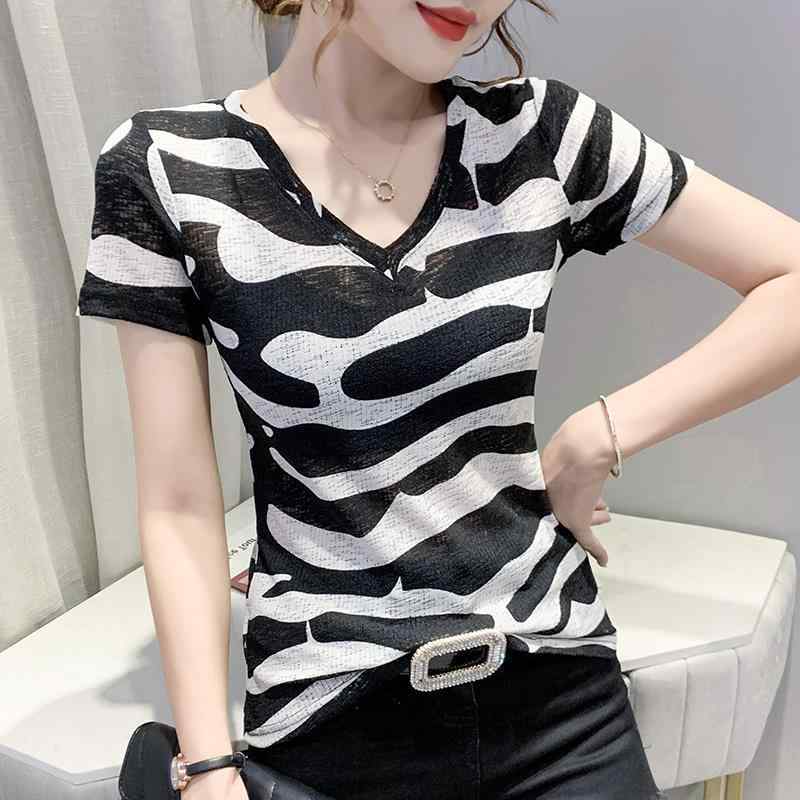 Tシャツ 女性用 春夏 修身 Vネック 短袖 条紋 印花 切り替え トップス ブラウス 普段使い 軽量 伸縮性 吸湿速乾 再生繊維 ピクチャーカラー スリムフィット