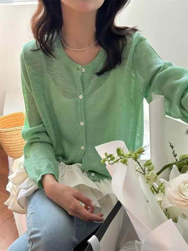 カーディガン レディース 春夏 麻 ニット 薄手 長袖 ルーズフィット 丸首 開き 短め丈 かわいい 蝶結び 刺繍 ドーパミンカラー 紫 杏 湖緑 ライトブルー 接触冷感 軽量 吸湿速乾 清新 甘め 少女風 単品 単排ボタン 純色