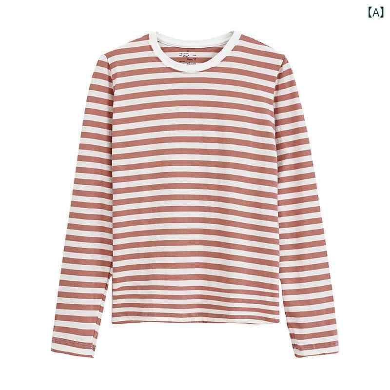 レディース 長袖 Tシャツ トップス 綿100% 条紋柄 日式 切り替え 直筒 丸首 春夏 インナー カジュアル かわいい 軽量 吸湿速乾 赤 黒 グレー ベージュ ネイビー 通勤 普段使い