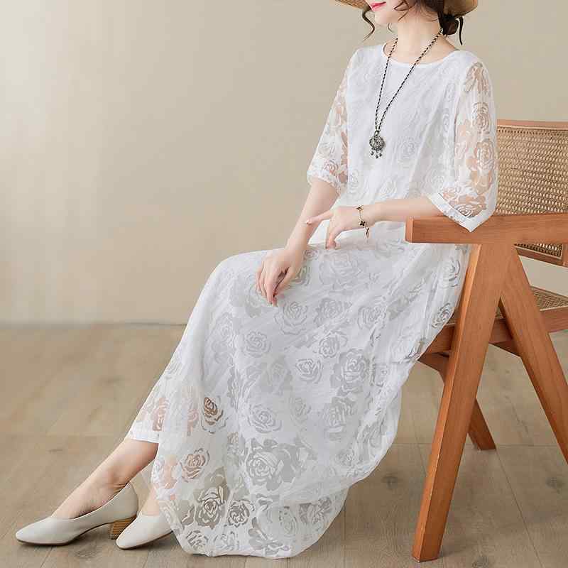ワンピース レディース 春夏 民族風 垂れ感 レース 綿麻 純色 A字 長め 丸首 五分袖 ワイド 欧根? セット 白色 復古 チャイナ 快適 ゆったり ボヘミアン ビーチ リゾート 日常 旅行 軽やか 涼しい 通気性 良い フェミニン ガーリー ロマン