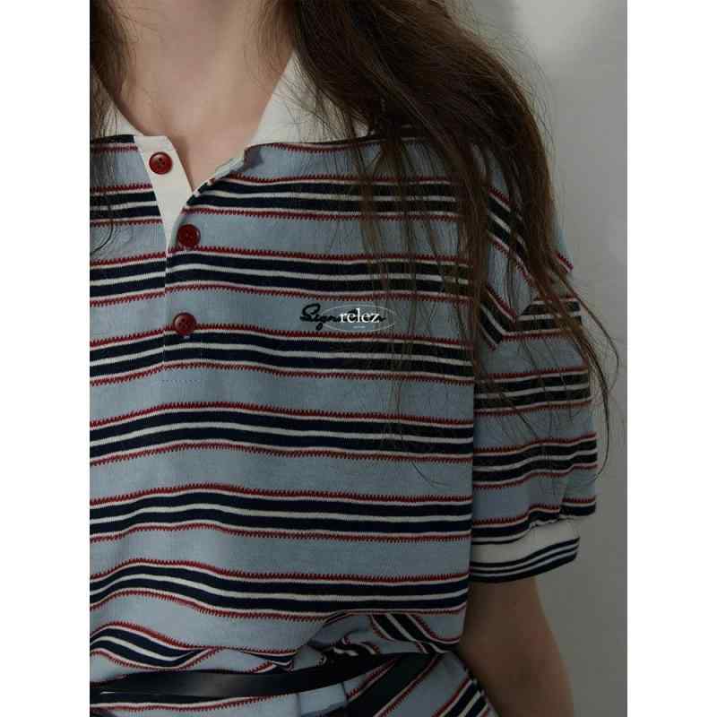 Tシャツ 女性用 春夏 ポロカラー 条紋 ワイドシルエット ニット 半袖 セットインスリーブ 接触冷感 ??素材 吸湿速乾 軽量 通勤用 普段使い 都市スタイル 気質 シンプル ベーシック 百搭 かわいい マカロンカラー アイボリー ピンク系 ブラック