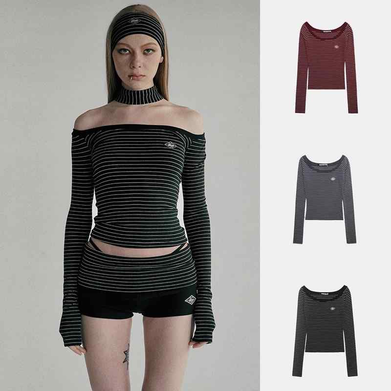 Tシャツ 女性 長袖 条紋 一字領 修身 気質 通勤 綿 刺繍 切り替え ブラック ダークレッド グレー 春 吸湿速乾 軽量 伸縮性