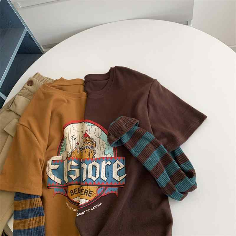 Tシャツ 女性用 長袖 トップス 丸首 ストライプ柄 切り替えデザイン 偽ツーピース プリント ゆったりシルエット コットン混 スパンデックス 伸縮性 姜黄 カーキ ベージュ 春夏 私服 かわいい カジュアル