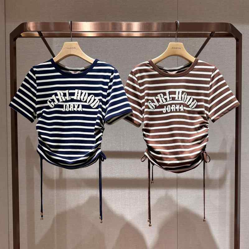 Tシャツ 女性用 夏 通勤 かわいい 短袖 丸首 綿素材 印花 条紋 抽? 蝶結 ライトブラウン ネイビー 吸湿速乾 軽量 気質 普段使い ビッグシルエット 接触冷感 再生繊維 切り替え デザイン