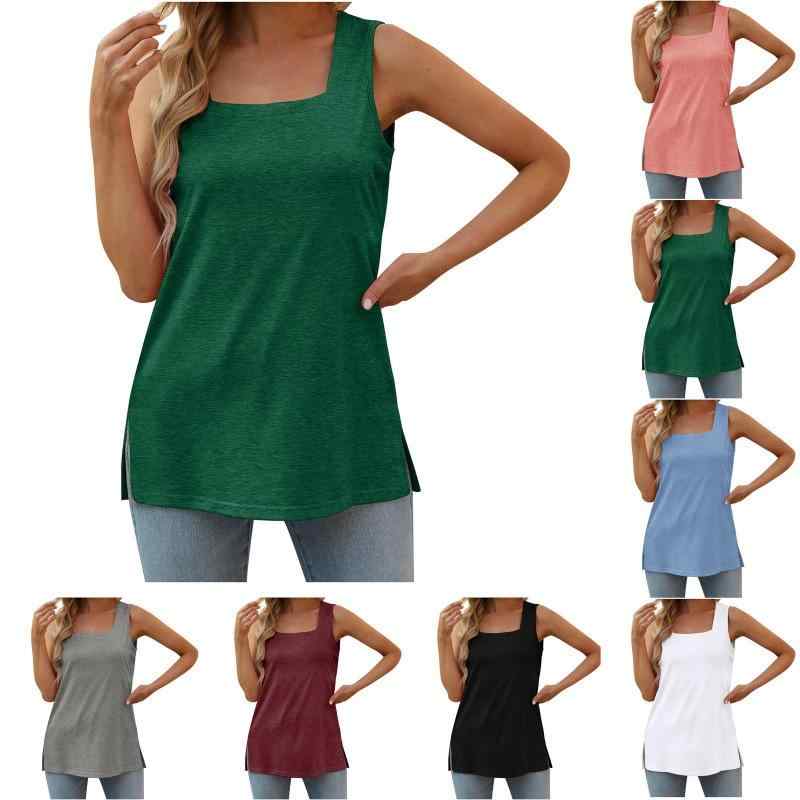 レディース Tシャツ トップス 無袖 開・楷 Uネック ワイドシルエット ミドル丈 ポリエステル スパンデックス 混紡 無袖カットソー 通勤用 気質スタイル 春夏 軽量 通気性 吸湿速乾 伸縮性 純色 ホワイト ピンク グレー ダークグリーン ブラック ワ