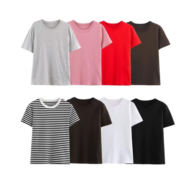 レディース Tシャツ トップス 短袖 丸首 ストライプ 柄 切り替え デザイン ポリエステル 素材 薄手 柔らかい 日常 使い 普段着 インナー 白色 ブラック ブラウン 赤 ピンク 春夏 秋 軽量 伸縮性 通勤 カジュアル ストリート スタイル