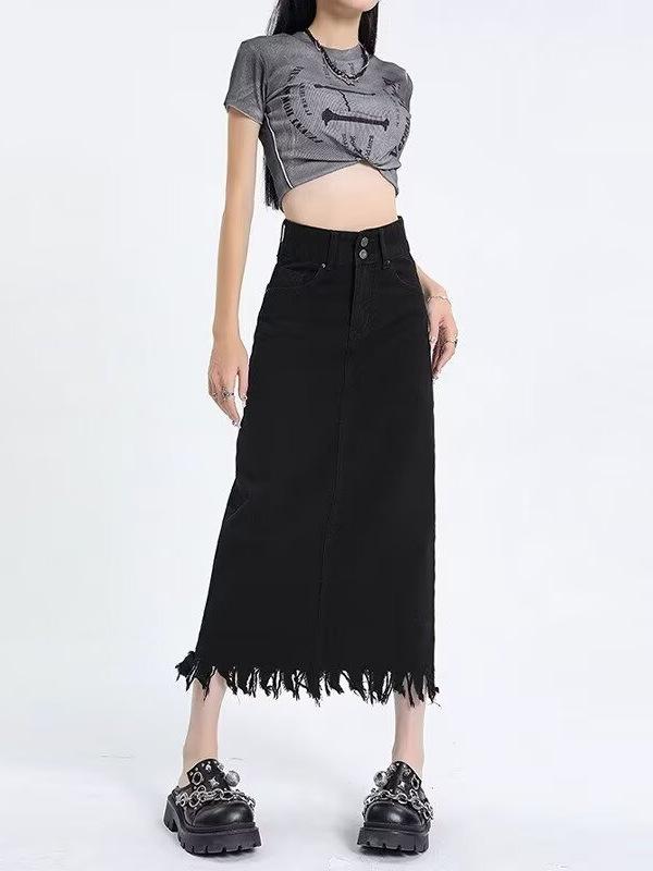 半身スカート 女性用 デニム コットン ミドル丈 高腰 Aライン 開き フレンジ 春秋 通勤 気質 ミッドストレッチ 復古ブルー ブラック ボタン 梨型体型 大きいサイズ 梨形身材 ぽっちゃり ミドルブルー ダークブルー ライトブルー デニムスカート コ