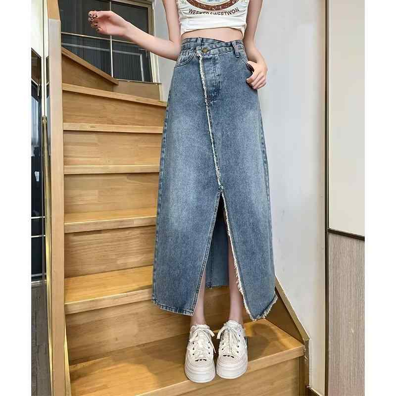 牛仔 半身スカート 女性用 大きいサイズ ハイウエスト 開き ルーズフィット スリム効果 Aライン 中長丈 夏 ブルー コットン 無弾性 免アイロン 復古風 フレンジ ストレートシルエット 通勤 普段使い