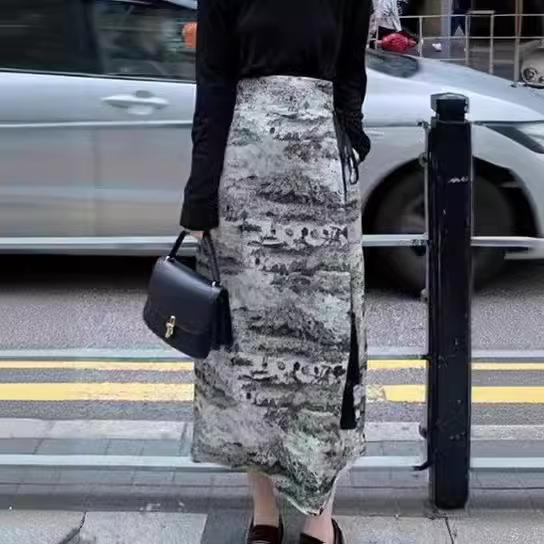 スカート 女性用 中長丈 Aライン 半身スカート 中国風 復古 国風 水墨柄 印花 直筒 改良馬面スカート 高腰 流蘇 ポリエステル 伸縮性 中弾力 芸術的 ヴィンテージ 春夏 通勤 普段使い 軽量 吸湿速乾 ブラック グレー系 アイボリー
