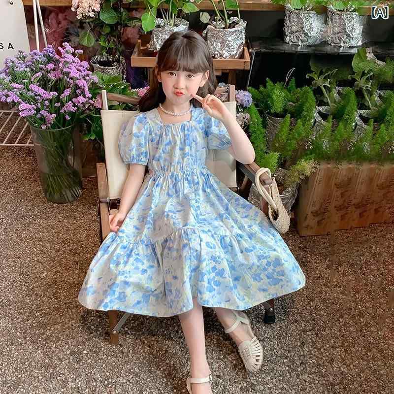 女の子 ワンピース 夏 プリンセスドレス 子供服 フレッシュフラワープリント 薄手 軽量 ポリエステル 100% かわいい ガーリー フレアスカート 涼しい 女児 3-8歳 ブルー 妖精風 花柄 ロマンチック 日常使い