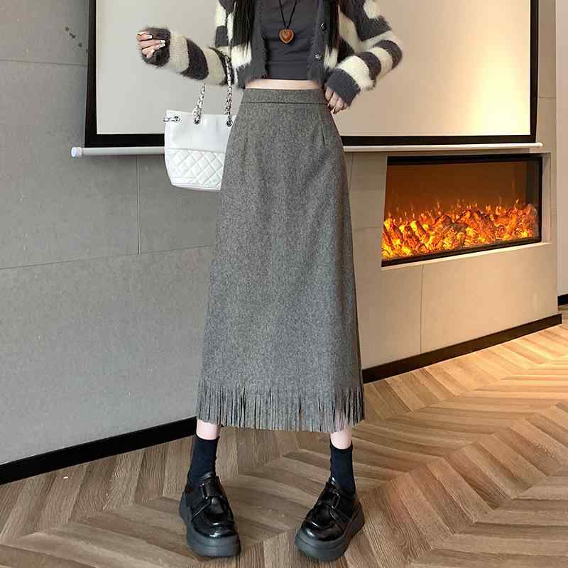 スカート 女性用 ミディ スカート Aライン スカート 毛織り スカート ポリエステル スカート タッセル スカート 黒 スカート グレー スカート 秋冬 スカート 通勤 スカート 気質 スカート スリム スカート ヴィンテージ スカート ハーフスカート