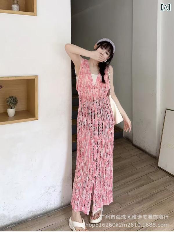 馬甲 女性用 Vネック ノースリーブ クロシェ レース 刺繍 ロング丈 開き前 甘め スリム トップス 綿 ピンク ライトブルー パープル ブラウン ワイドシルエット 甘めスタイル 軽やか 通勤 デート デイリー 春季
