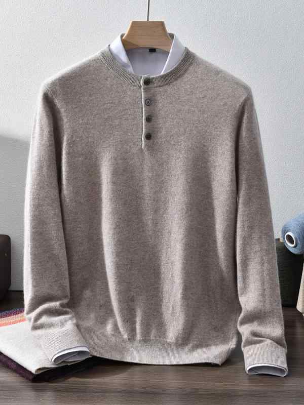 ニットセーター メンズ 男性用 羊毛 100%カシミヤ ヘンリーネック 長袖 ゆったりシルエット 丸首 普通厚み クラシックスタイル 無地 切り替えデザイン グレーグリーン キャメル ミッドグレー 秋冬 暖か インナー ゆったり 再生繊維 吸湿速乾 軽量｜トミーショップ 店