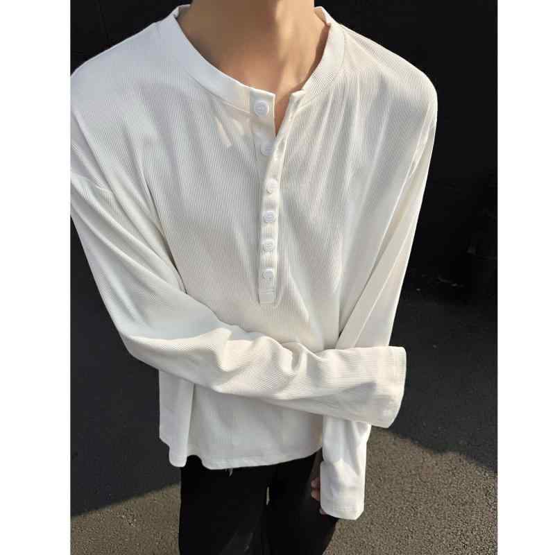 メンズ 長袖 Tシャツ ヘンリーネック ゆったりシルエット 垂れ感 綿混紡 条紋柄 ワイドフィット インナー トップス レイヤード 耐摩耗 春 ホワイト ライトグレー ダークグレー ブラック ゆったりカット ラフスタイル 普段使い 軽量 柔らか素材