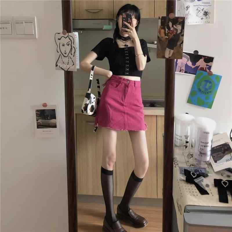 スカート 女性用 春夏 牛仔布 ハイウエスト 包臀 切り替え Aライン ミディ丈 ローズピンク フレア 伸縮性 軽量 スリット ポケット 少女風 かわいい 普段使い 4,556円