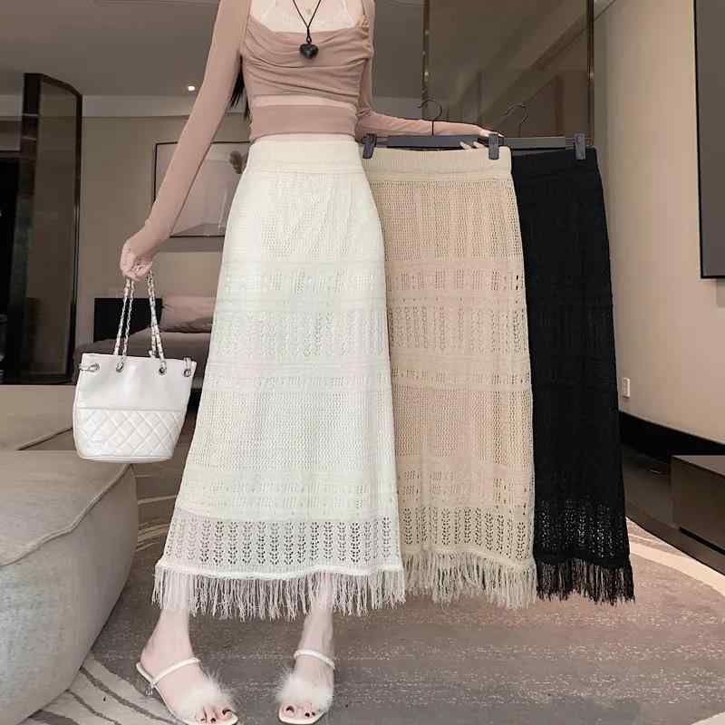 スカート 女性用 夏 ミディ丈 Aライン スカート ハイウエスト スリムフィット 切り替え デザイン フリンジ 装飾 透け感 レースアップ 風 黒 色 カーキ 色 アプリコット 色 ポリエステル 素材 微弾性 軽量 通気性 吸湿速乾 私服 気質 スタイル