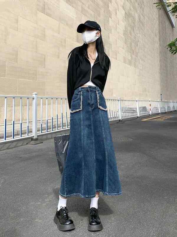 牛仔 半身スカート 女性 通勤 夏 薄手 コットン 中長 ハイウエスト Aライン スリム 切り替え フリンジ ミディアムストレッチ デニム スカート 気質 スタイル 普段使い ブラック グレー ブルー 大きいサイズ フィッシュテール スカート 綿素材 吸