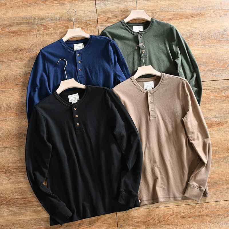 メンズ Tシャツ 長袖 コットン 混紡 復古 日式 弾力 合体型 透気 普通厚 春季 セットインスリーブ ソリッドカラー ラウンドネック カジュアル 普段使い 青年向け 都市ファッション ライトウェイト ストレッチ ネイビー カーキ ブラック アーミーグ