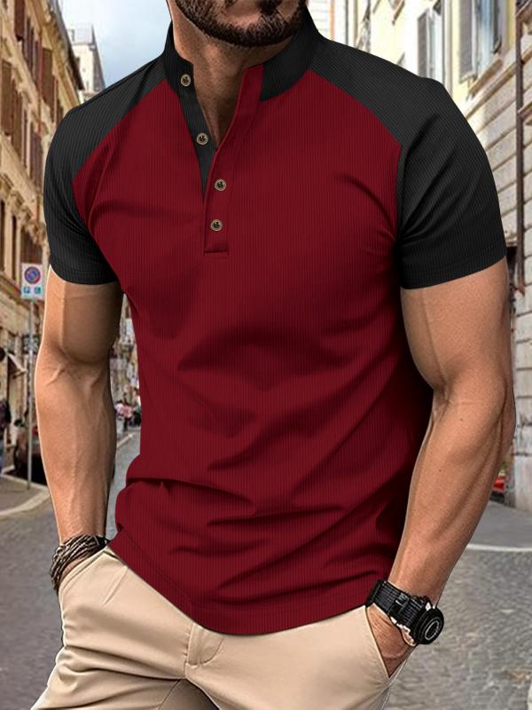 メンズ 短袖 Tシャツ 亨利領 切り替え デザイン 軽量 薄手 ポリエステル 100% 直筒型 透気性 通気性 良い 赤 黄色 ダークグリーン グレー 夏季 青年向け 24-35歳 向け ファッション カジュアル スタイル セットアップ 可能 日常使い