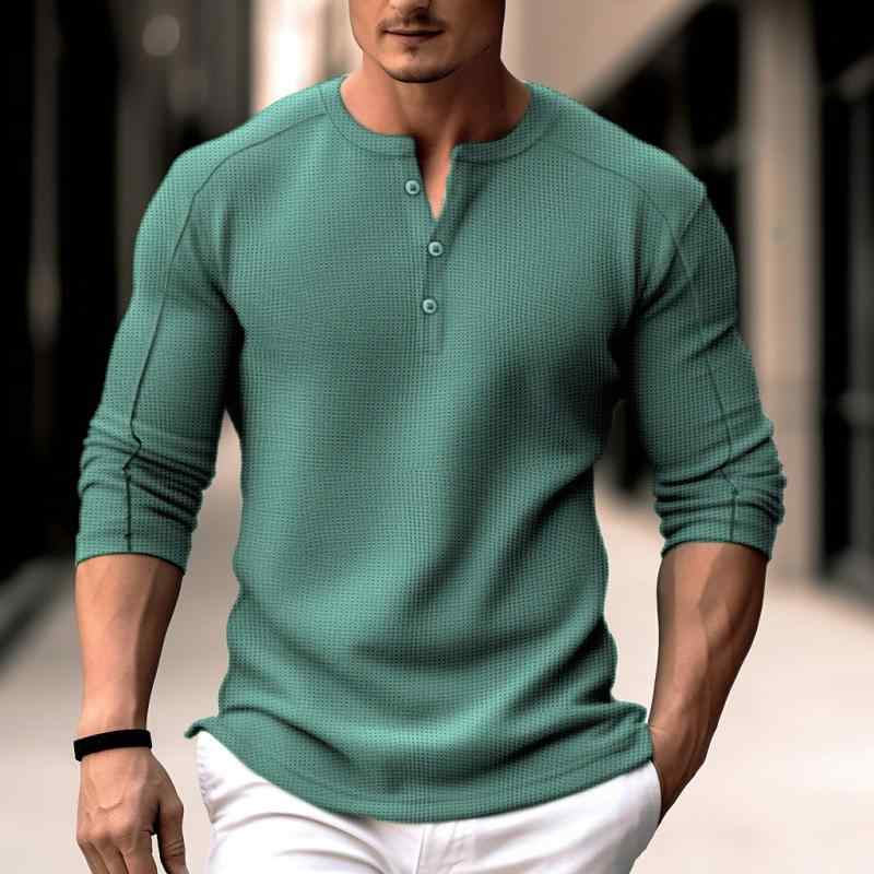 メンズ 長袖 ヘンリーネック Tシャツ トップス 立領 フード付き ワッフル格子柄 合体型 ポリエステル混紡 透気性 軽量 落肩袖 提花加工 ジオメトリック柄 白色 海洋グリーン ・柑其 秋冬 春季 冬季 青少年向け 24-35歳 都市ファッション 軽熟カ