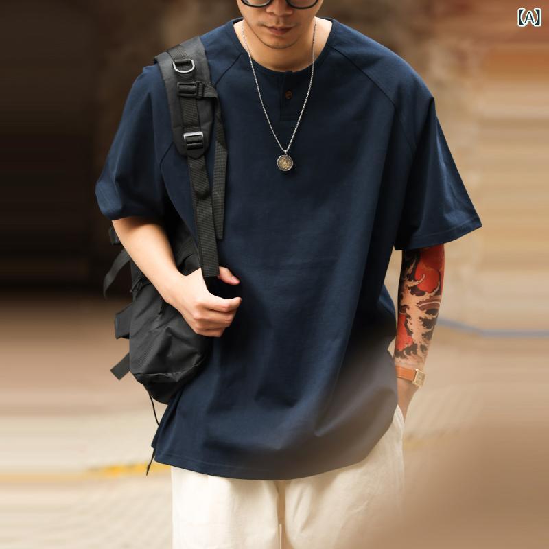 Tシャツ メンズ 短袖 ヘンリーネック 米式レトロ ヴィンテージ加工 ゆったりシルエット 全棉 精梳棉 吸湿排汗 免?処理 樹脂ボタン 宝藍色 墨緑色 深灰色 夏季 春秋 青年 カジュアル 普段使い 硬派スタイル