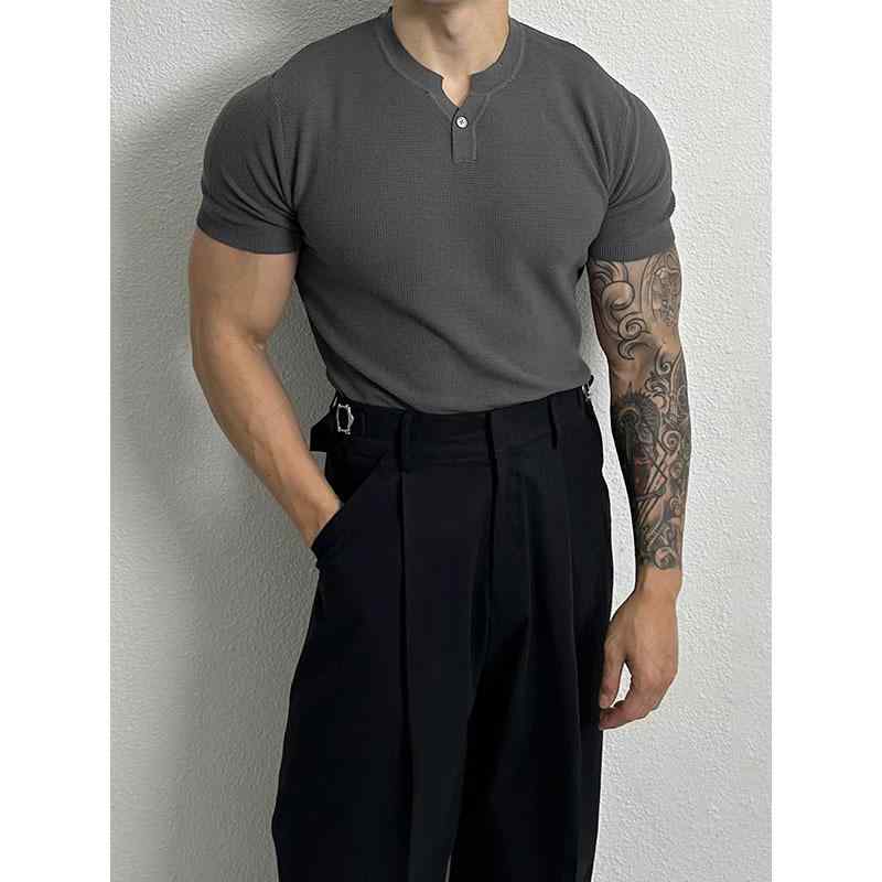 メンズ Tシャツ 短袖 ニット ヘンリーネック ボタン 修身 ビジネス カジュアル 接触冷感 吸湿速乾 透気性 薄手 純色 ブラック ダークグレー ホワイト ライトグレー ポリエステル 混紡 青年向け 春夏 秋 秋冬 通勤 普段使い 軽量 スタンダードフ 4,419円