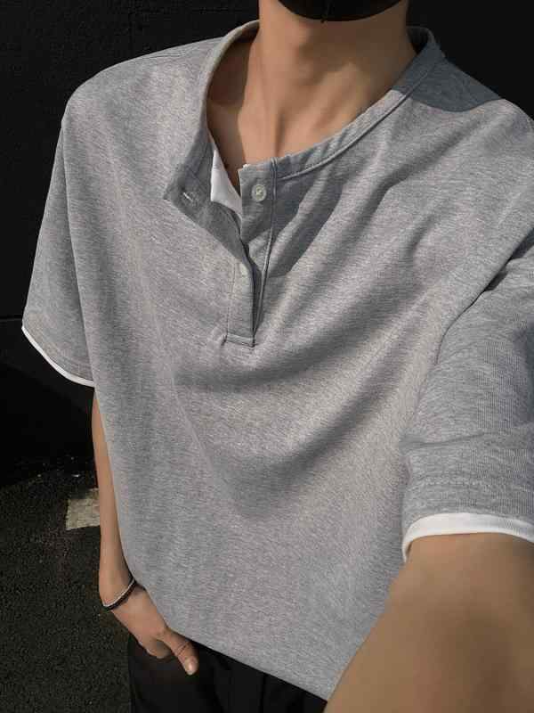 メンズ グレー 短袖 Tシャツ ヘンリーネック 夏用 半袖 トップス 綿混 ポリエステル 薄手 ゆったり ルーズフィット 日常 カジュアル 無地 セットアップ風 免?加工 ブラック グレー 春夏 青少年向け ベーシック レイヤード 着回し 軽量 通勤 休