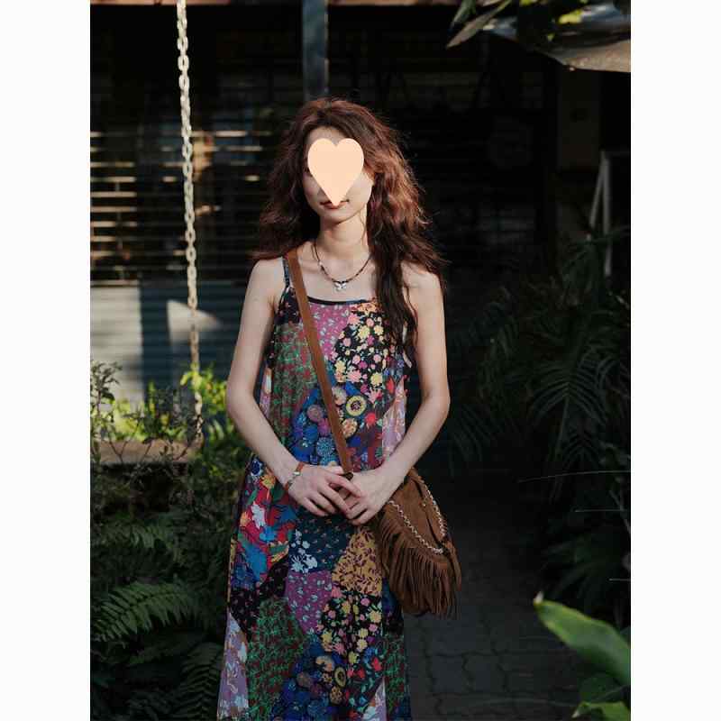ワンピース 女性用 ボヘミアン 吊り下げ 民族風 小花柄 復古 ゆったり Aライン 中長丈 無袖 麻素材 秋 禅意 ゆったり シルエット 日常 度假 スタイル 軽やか 涼しい 接触冷感 吸湿速乾 再生繊維 ミックス トップス スカート ワンセット かわい(x3)