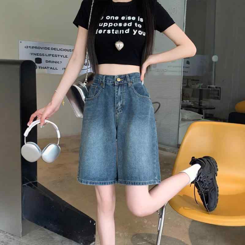 デニム ショートパンツ レディース 夏用 薄手 綿素材 高腰 ワイドレッグ ストレート ゆったり スリム効果 軽量 吸湿速乾 ボタン付き 軽快 快適 日常使い 浅ブルー ヴィンテージブルー ブラック